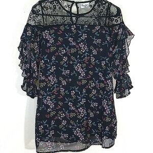 Dress 3/4 long sleeve ruffle lace floral print lined chiffon Whimsigoth Fairy
